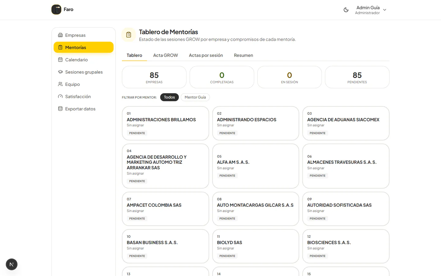 Tablero de mentorías de la administración