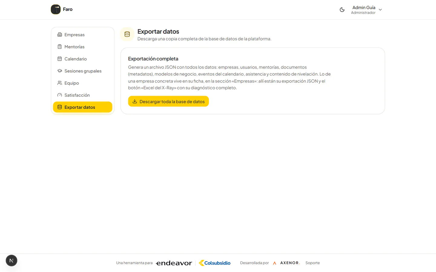 Sección de exportación de datos